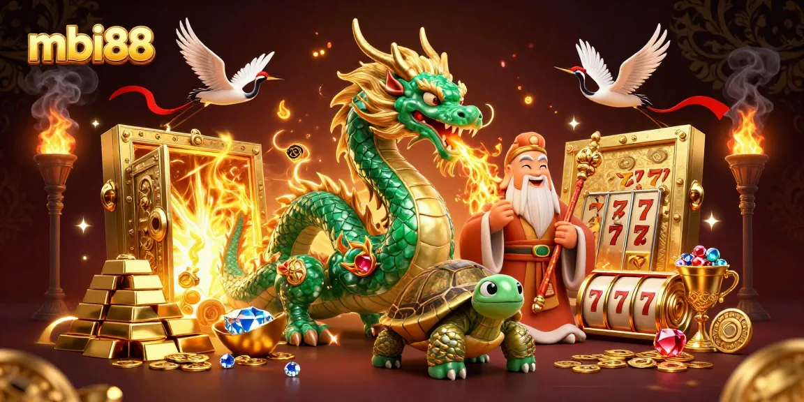 Experience exciting gaming with mbi88's vibrant 3D casino scene, featuring treasure and lucky symbols.