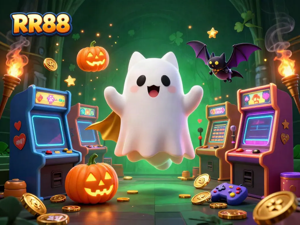 Experience the thrilling adventures in RR88 with a ghost cat, bat companion, and casino-themed elements.
