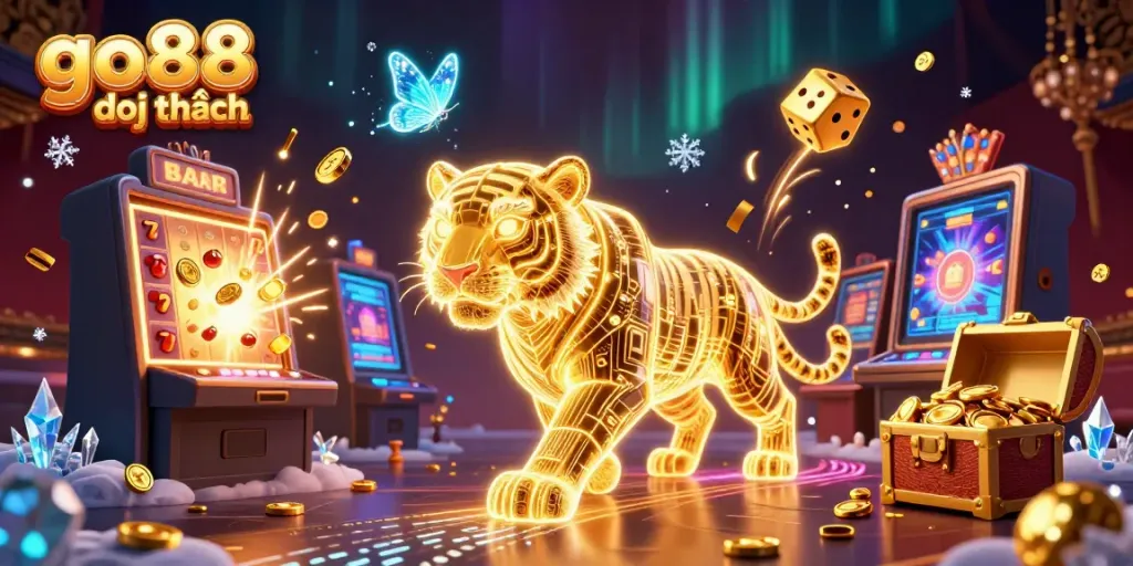 Engage in thrilling adventures with go88 đổi thưởng, featuring a golden tiger in a dazzling casino.