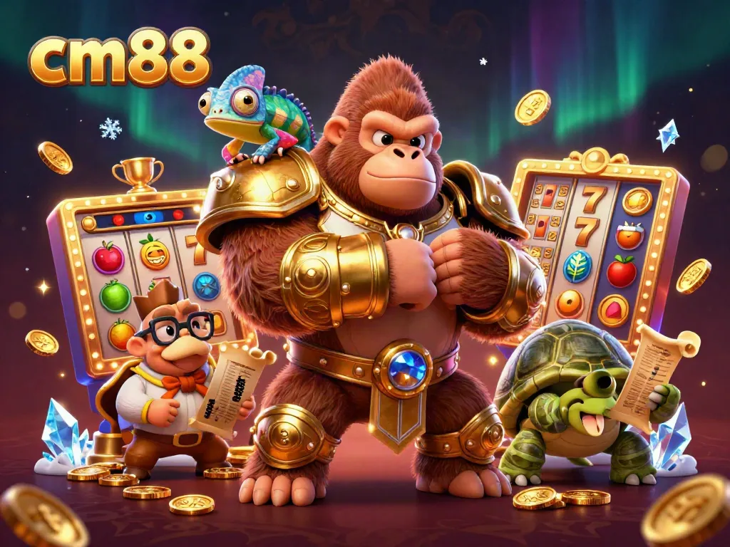 Play exhilarating slots at cm88 with a powerful gorilla king and engaging casino elements in a vibrant illustration.