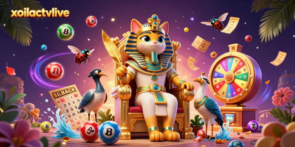 Engage with the excitement at xoilactvlive, watching vibrant lottery balls and a golden pharaoh cat king.