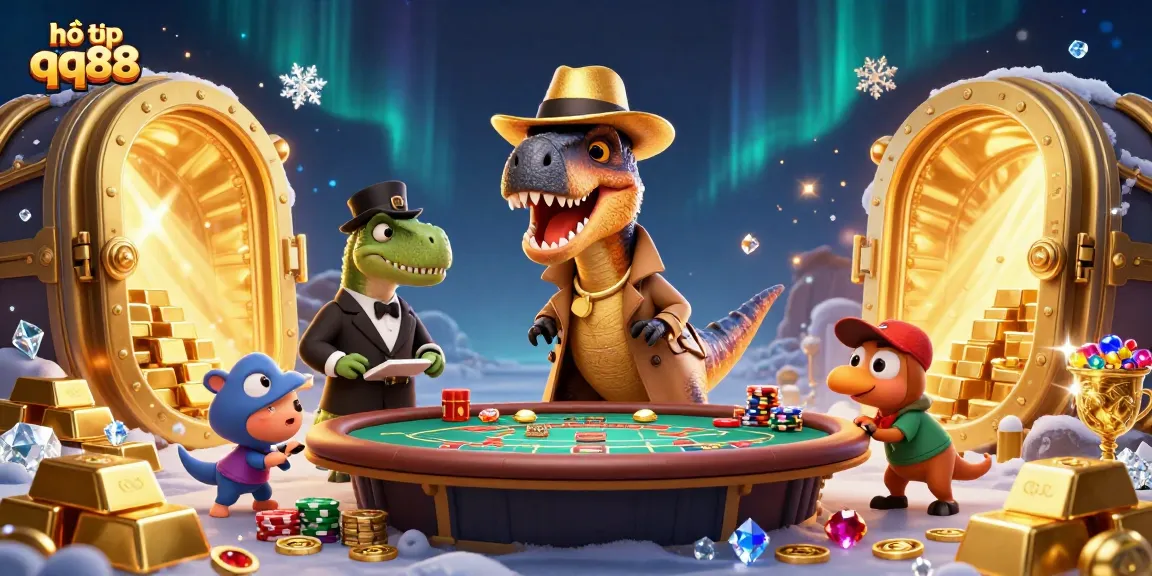 Experience the thrill of gaming with hỗ trợ qq88 as cartoon dinosaurs play blackjack amid treasures!