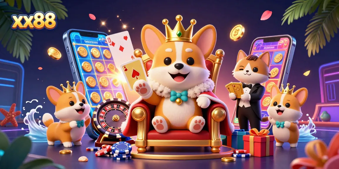 Experience thrilling games at xx88, showcasing a vibrant 3D casino scene with a royal corgi.