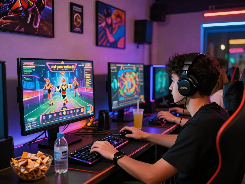 Exciting gaming atmosphere with a player immersed in slot gacor malam ini, vibrant setup and colorful lighting.