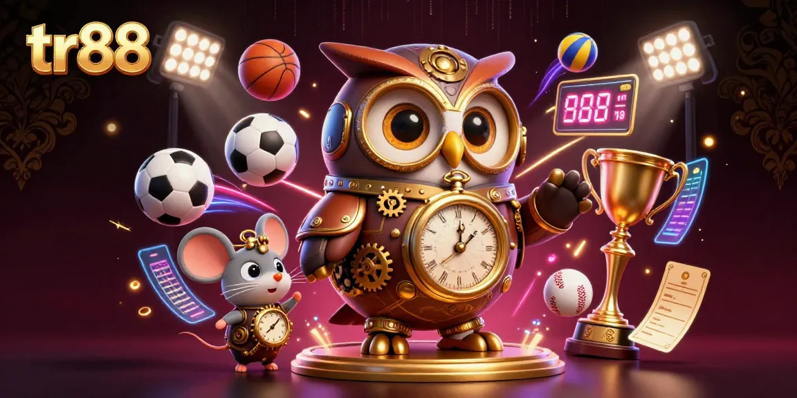 Engage with thrilling bets on tr88 in a vibrant, futuristic casino scene featuring sports elements and animated characters.
