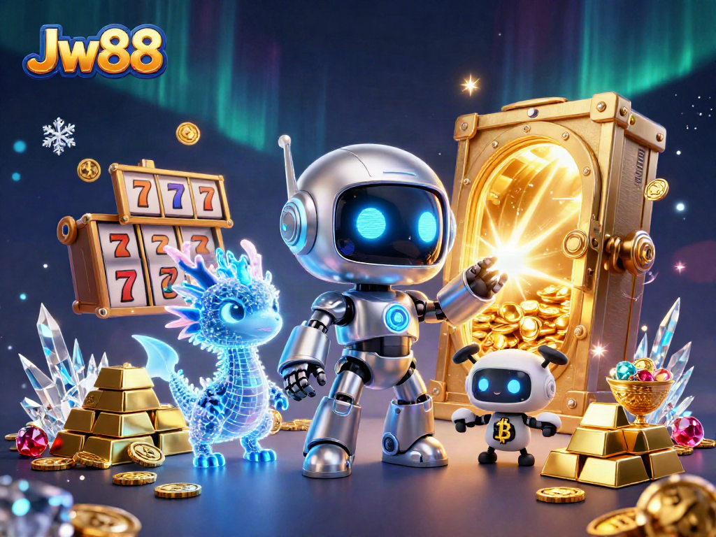 Spin and win at Jw88 with a vibrant casino scene featuring a robotic mascot and treasures.