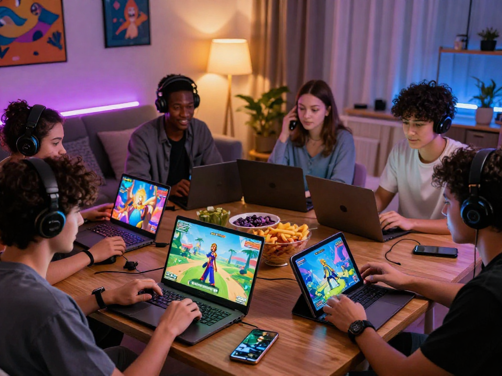 Play porn games with friends on various devices in a cozy gaming setting.