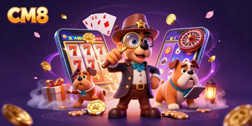 Examine CM8 poker chip clues while exploring the vibrant online casino world with detailed gaming elements.