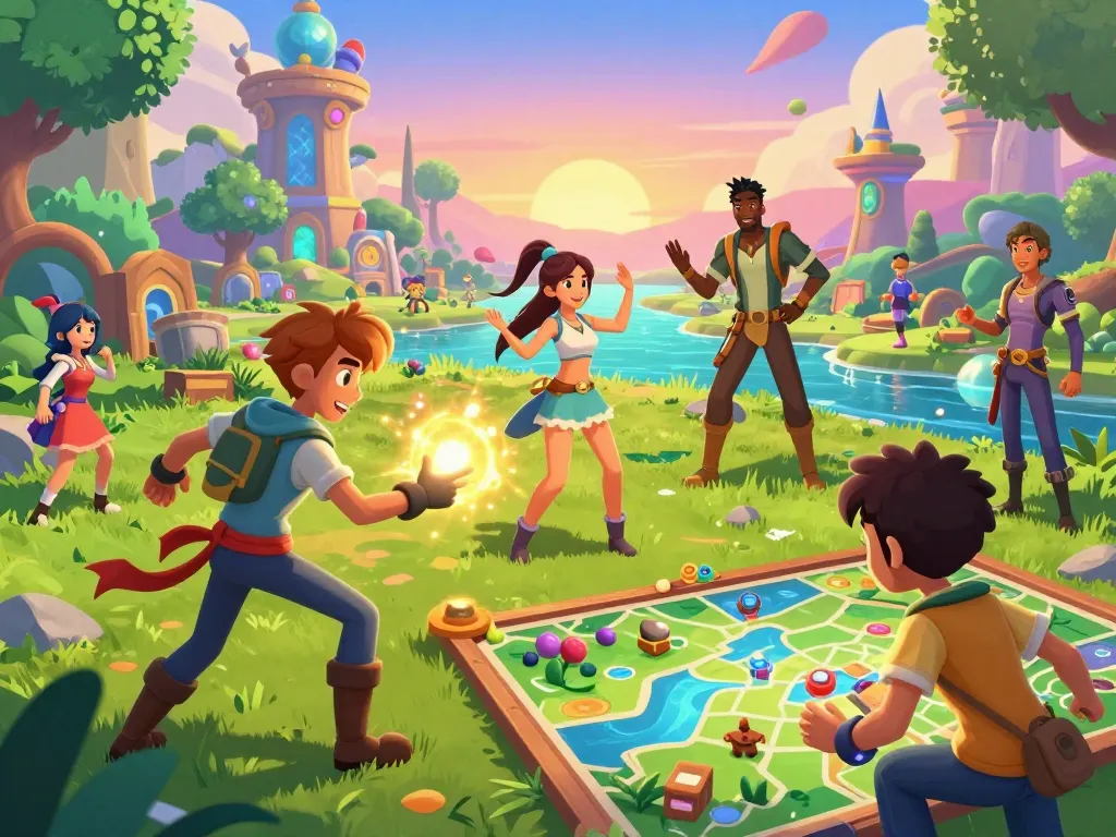 Exciting characters from gay porn games engaging in playful adventures in a colorful fantasy landscape