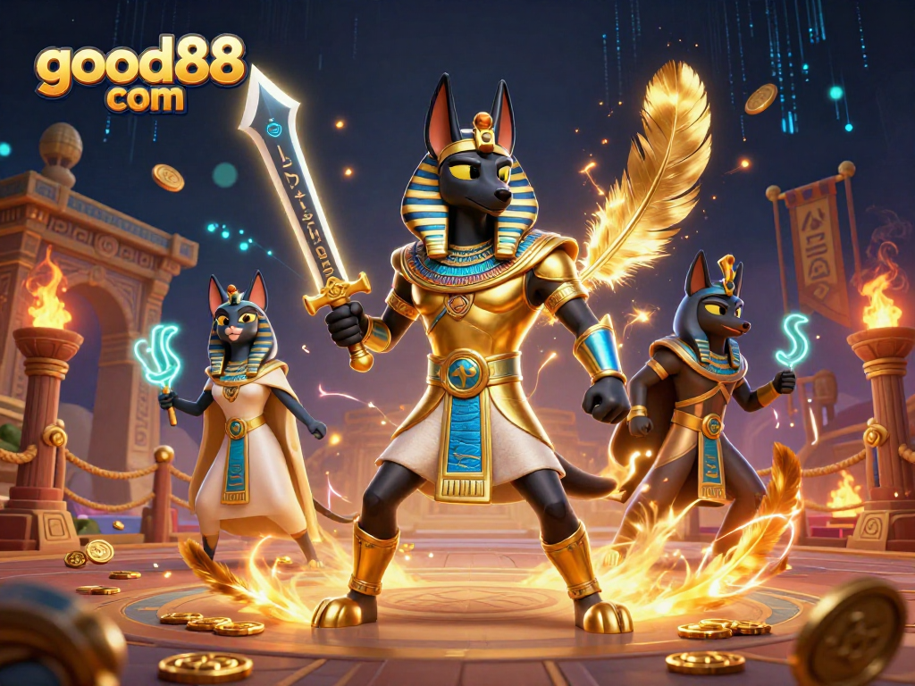 Experience thrilling gameplay at good88 com featuring Egyptian warriors in a vibrant casino scene.
