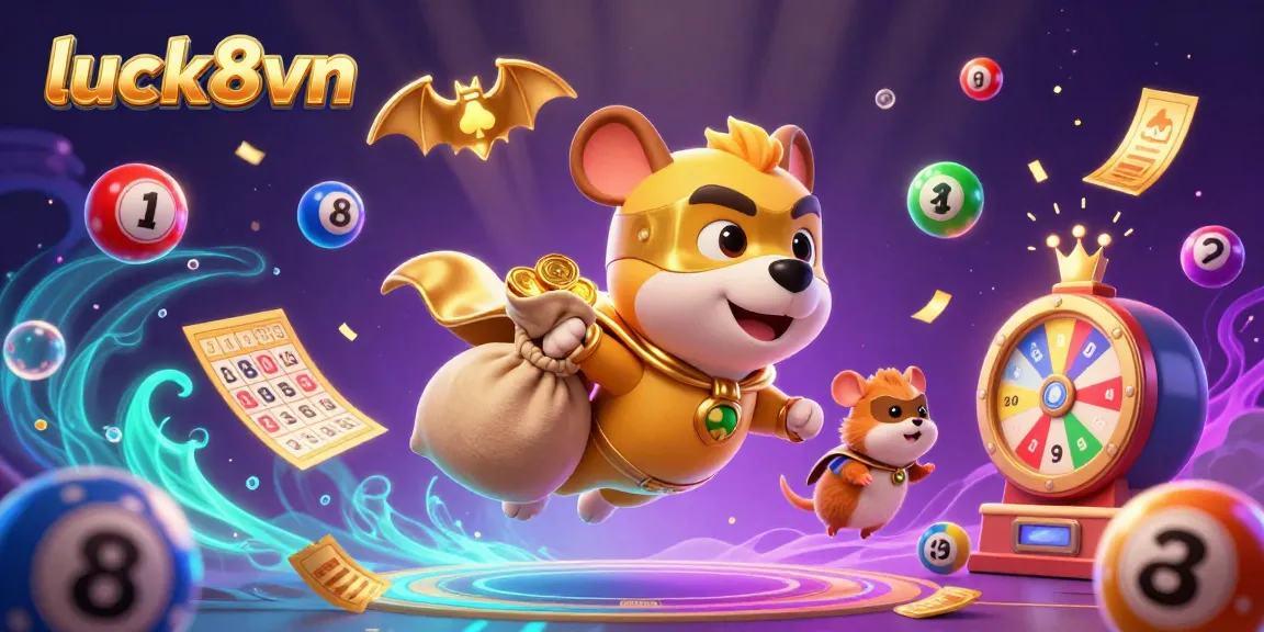 Energetic illustration of luck8vn with superhero dog and hamster amidst colorful lottery elements, capturing excitement.