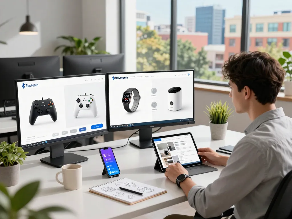 Showcasing the top 10 tech gadgets 2078 in a modern workspace filled with innovative Bluetooth devices.