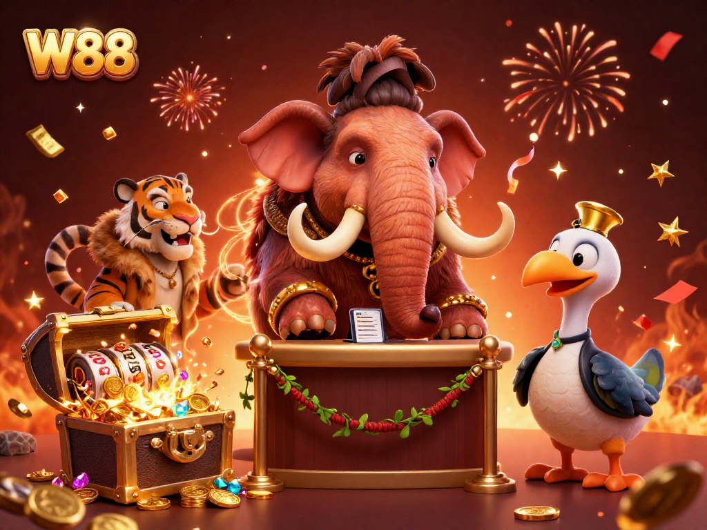W88 bouncer checks IDs at a vibrant casino scene with slot reels and festive elements.