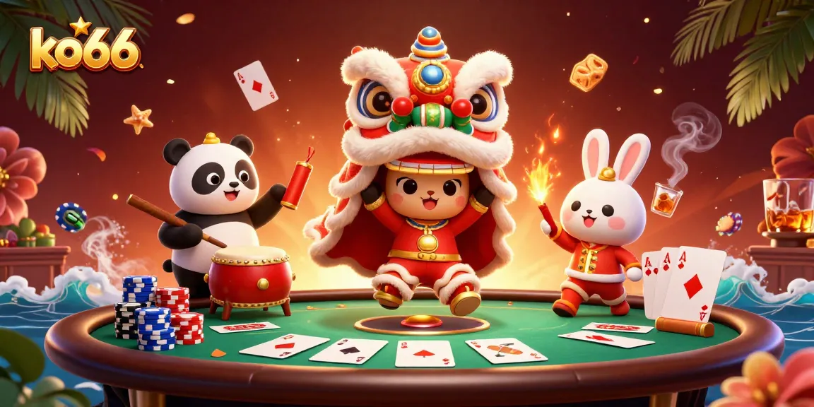 ko66 features a vibrant 3D scene showcasing a festive lion dance alongside poker action.