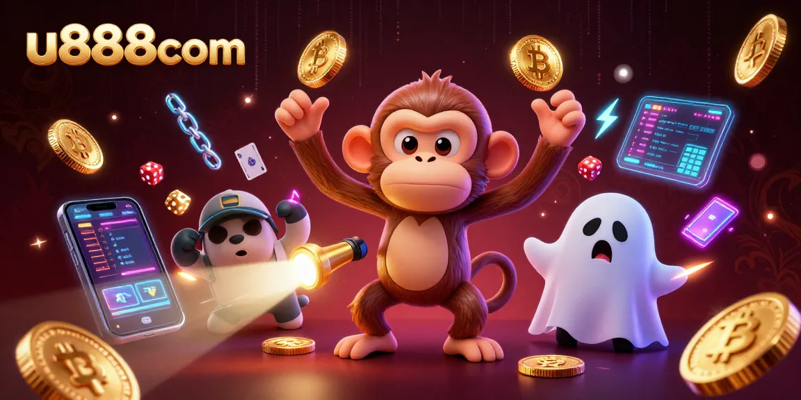 Engage with u888com's vibrant casino world featuring playful characters and crypto elements.