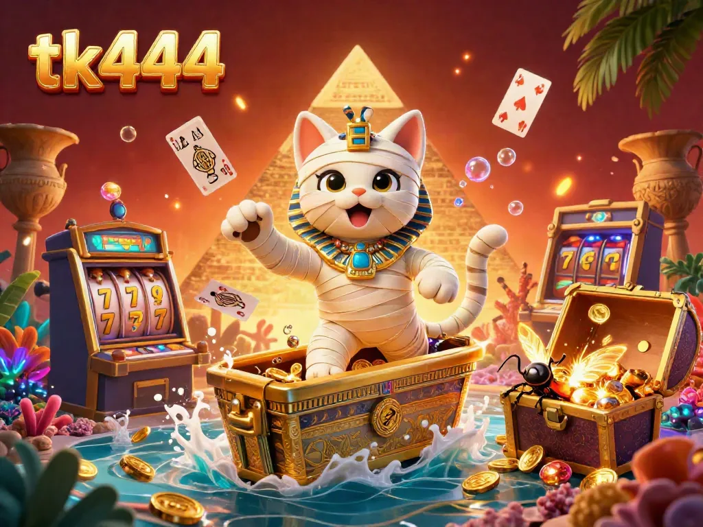 Engage with tk444's vibrant gaming environment featuring a mummy cat, glowing elements, and slot machine adventures.
