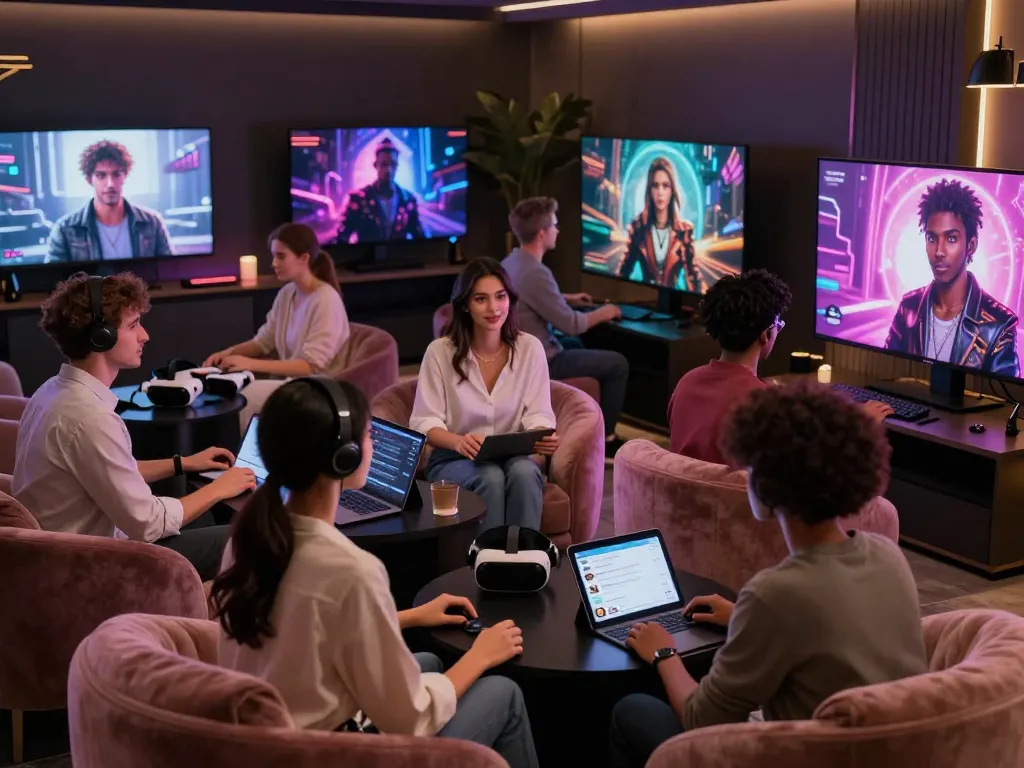 Engaging 18+ ai interactions in a modern virtual lounge with diverse users and vibrant avatars.