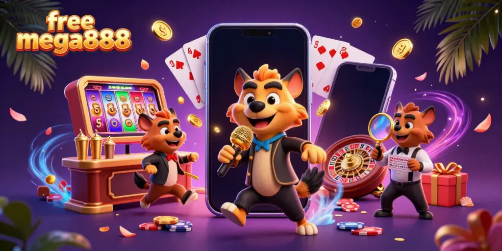Experience the excitement with free mega888 at a lively 3D cartoon comedy casino club scene.