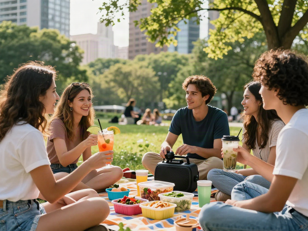 Rokok88 group enjoying a sustainable outdoor picnic in a vibrant city park with fresh mocktails and healthy snacks.