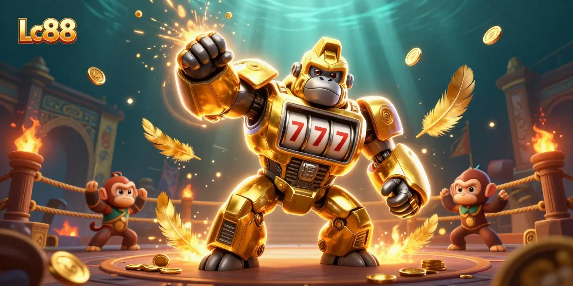 Engage in thrilling gameplay with the Lc88 gorilla mech amidst vibrant casino elements.