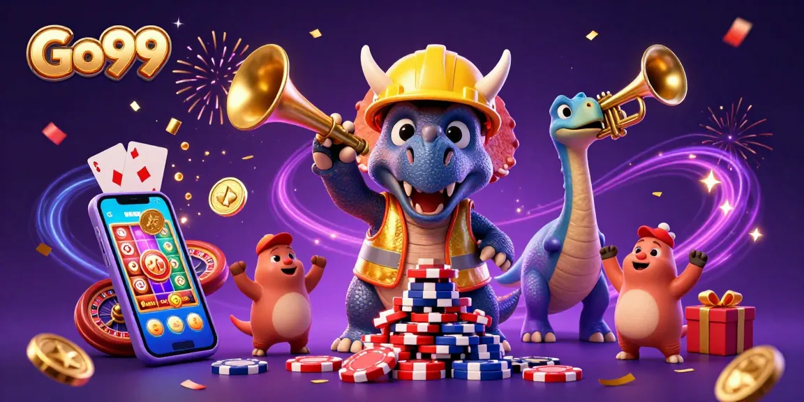 Celebrate big wins at Go99 with playful dinosaurs building poker chip towers!