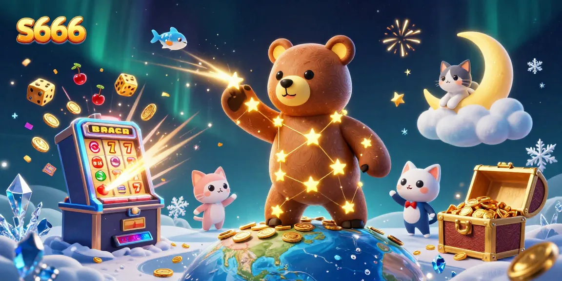 Experience the thrilling world of S666 as the constellation bear scoops coins, surrounded by jackpot celebrations and winnings!