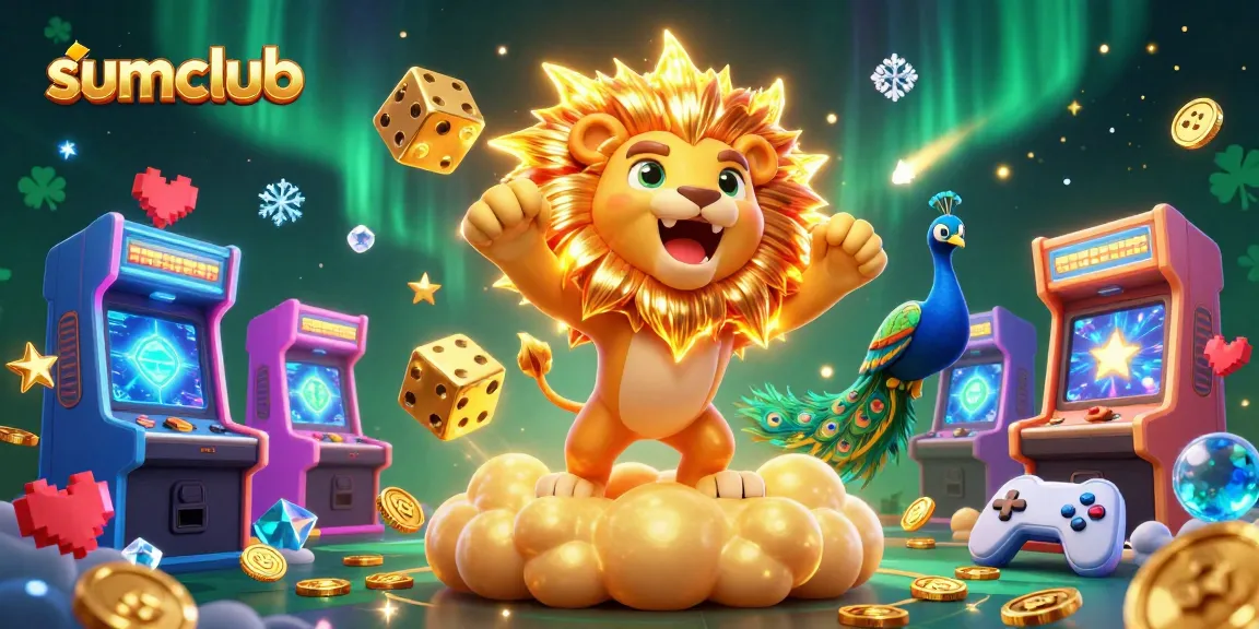 Engage with sumclub's vibrant gaming world featuring a roaring lion and tumbling golden dice.