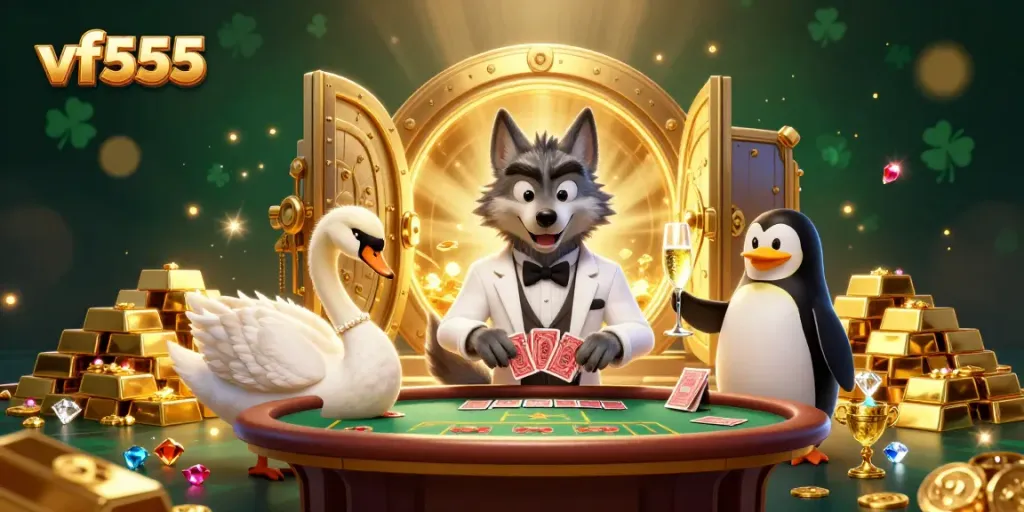 Experience the vibrant vf555 casino world with a lively baccarat scene filled with treasures.