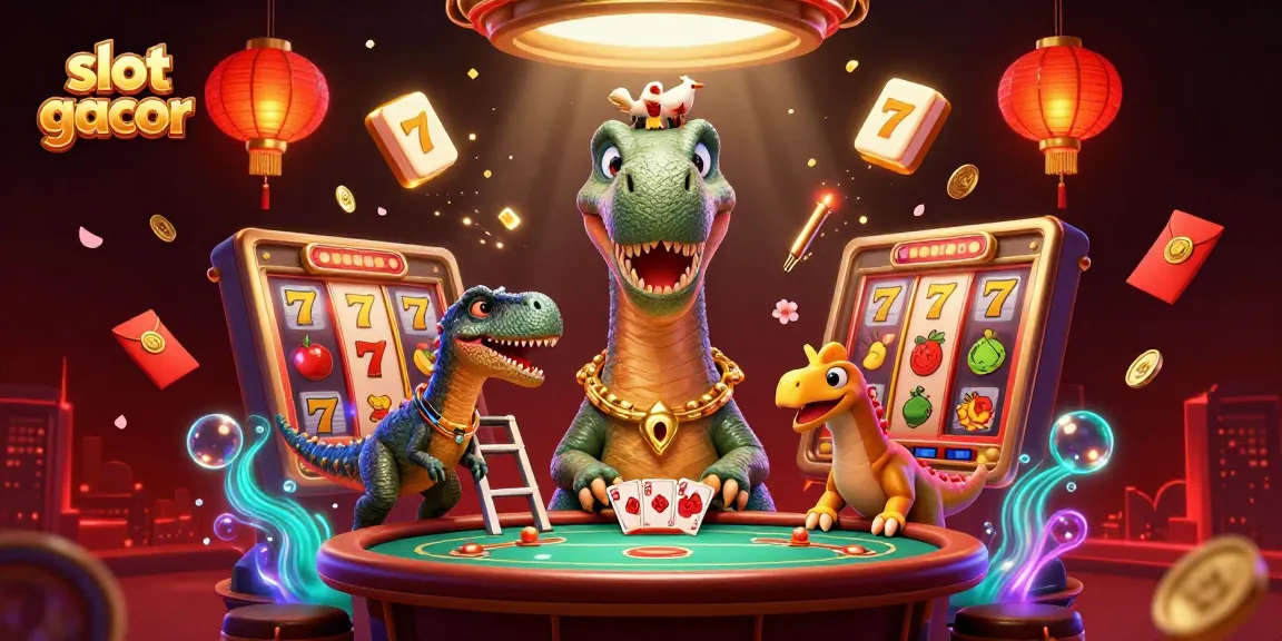 Experience the excitement of slot gacor with a whimsical 3D scene featuring a dinosaur and raptor.