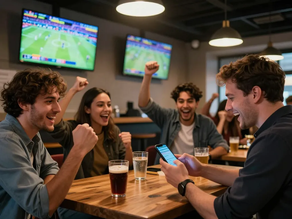 Engaging in sports betting with F8BET app at a vibrant sports bar, friends celebrating their wins.
