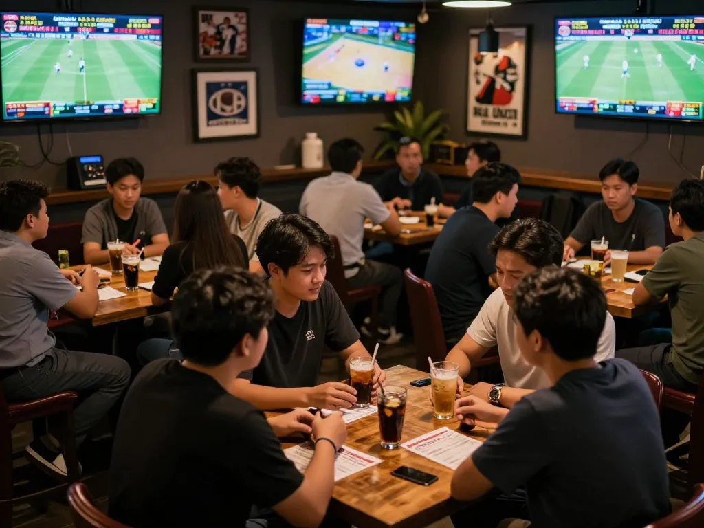 Fans discussing strategies while enjoying the excitement of keo nha cai hom nay in a lively sports bar environment.
