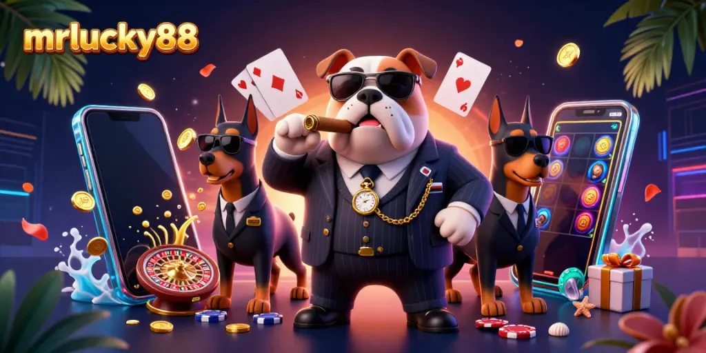 Experience mrlucky88 with a vibrant casino scene showcasing a dog in a suit, slot games, and excitement.