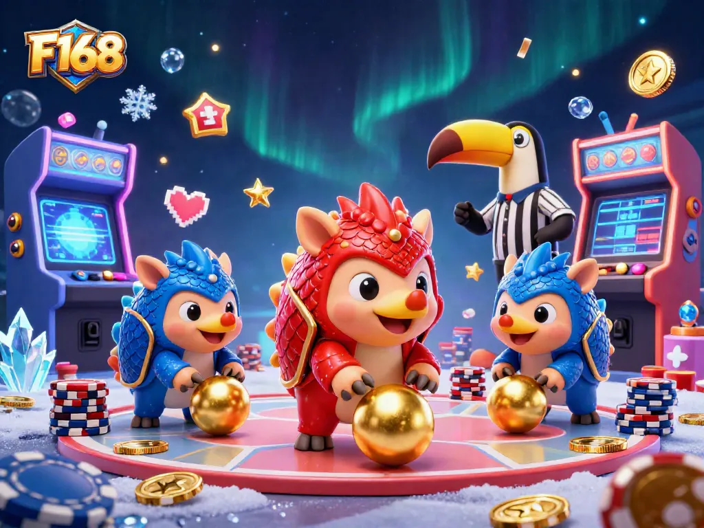 Engage in thrilling games at F168 featuring animated pangolins navigating through poker chips and gaming machines.