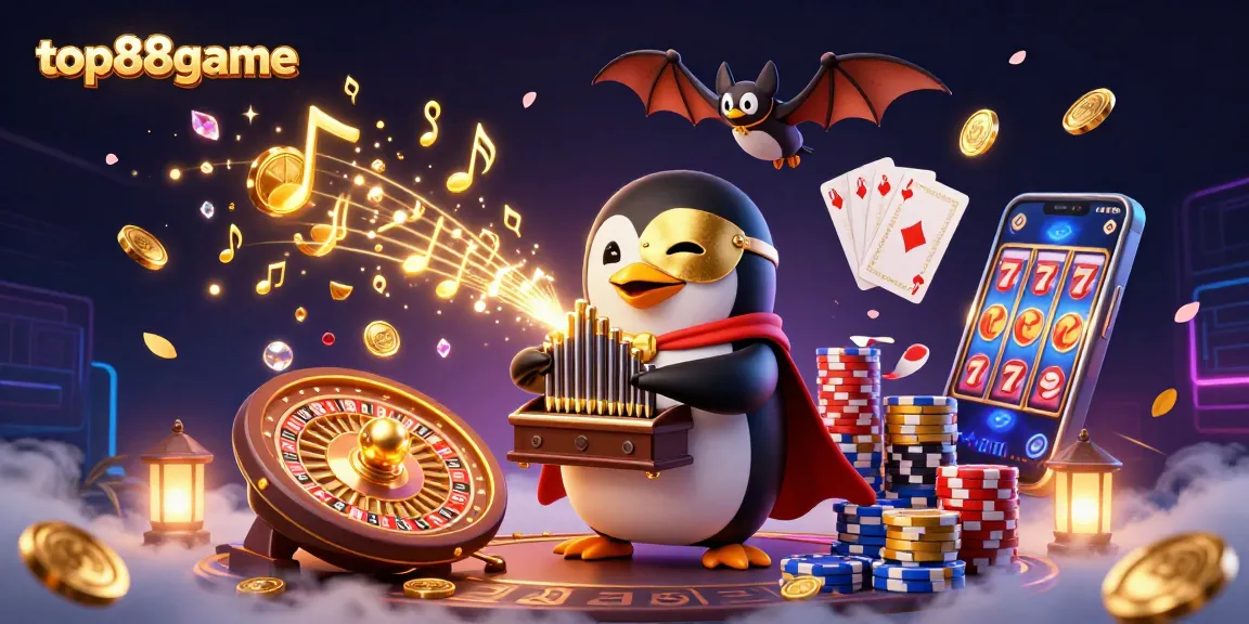 top88game offers exciting casino action as a penguin plays the organ while coins fly around.
