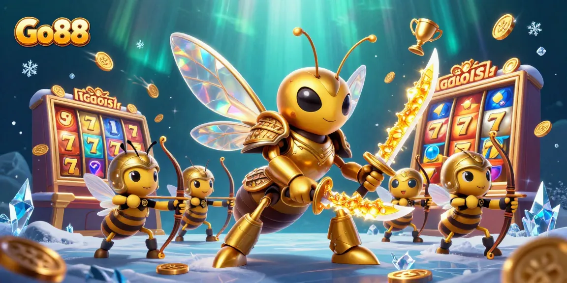 Go88 showcases a dynamic 3D scene with vibrant slot games, enticing jackpots, and a majestic hornet hero.