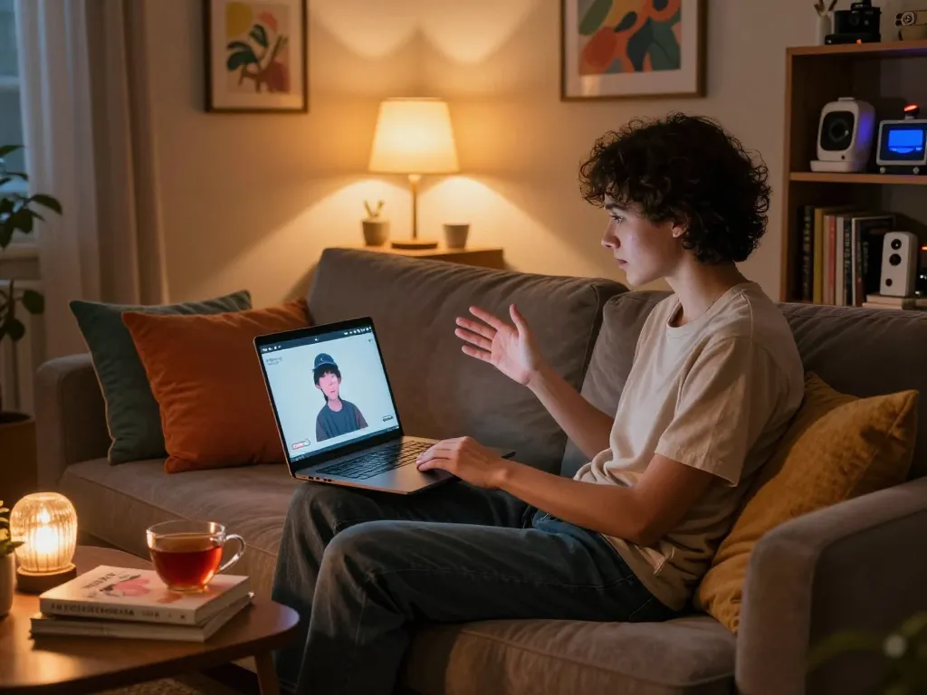 Individual engaging in AI sex chat on a laptop in a cozy room setting.