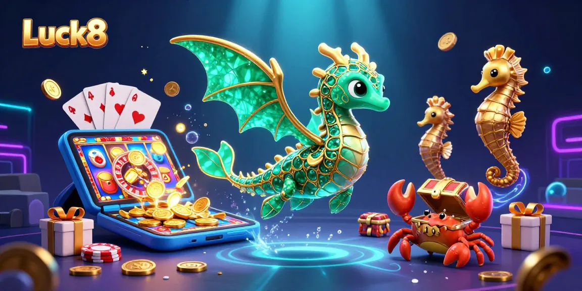 Spin to win at Luck8 with a vibrant casino-themed underwater scene featuring treasures and gaming elements.