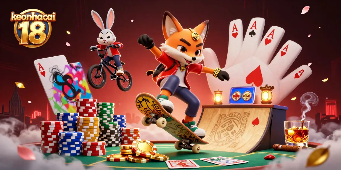 Experience keonhacai 18 through vibrant 3D illustration of a skateboarding fox and BMX rabbit in a casino setting.