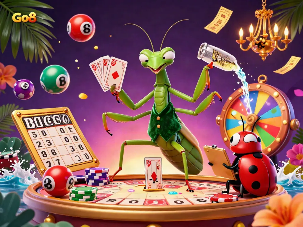Engage with thrilling casino action at Go8 amidst colorful lottery balls and vibrant gold accents.