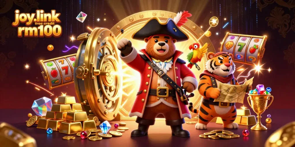 Engage with joy.link free credit rm100, where a pirate captain bear and tiger first mate unveil treasures in a vibrant casino.