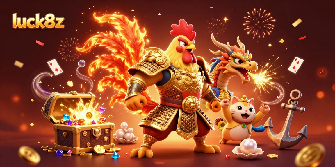 Experience luck8z with powerful characters in a dynamic online casino scene featuring vibrant treasures.