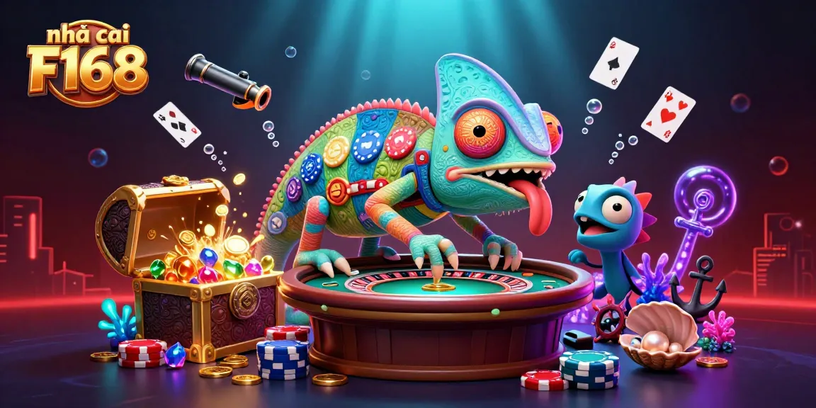 Experience the excitement of nhà cái F168 with a vibrant casino-themed 3D illustration featuring a chameleon owner.