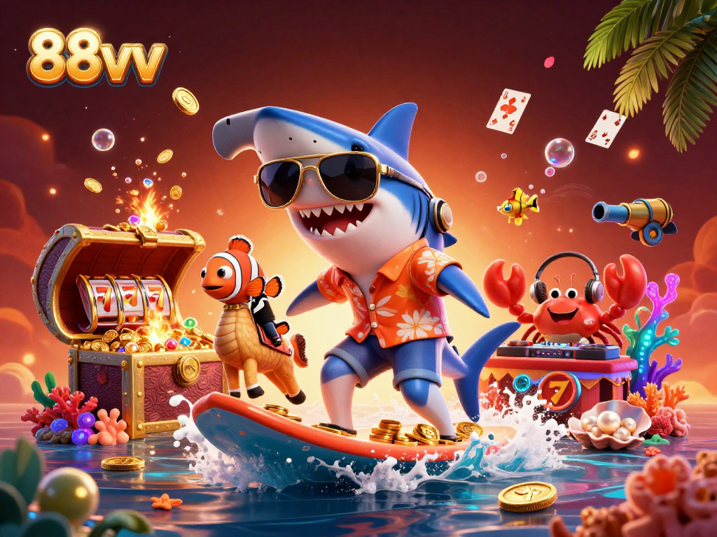 Experience the thrill of 88vv with a vibrant 3D illustration of a shark surfing on gold coins.