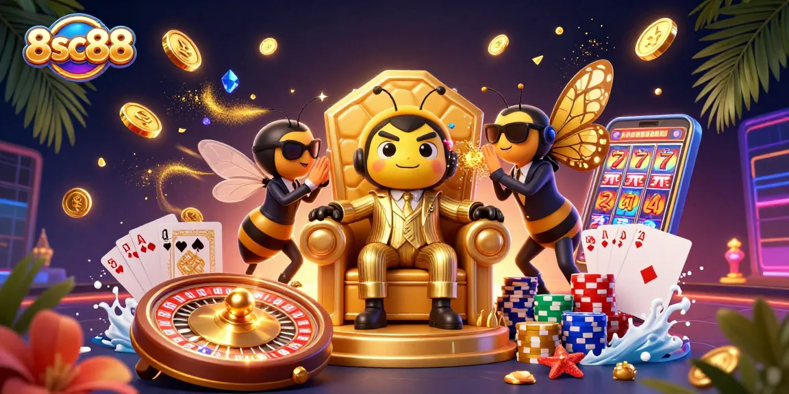 Experience gambling excitement with 8sc88 as cartoon characters spin roulette and fly golden coins.
