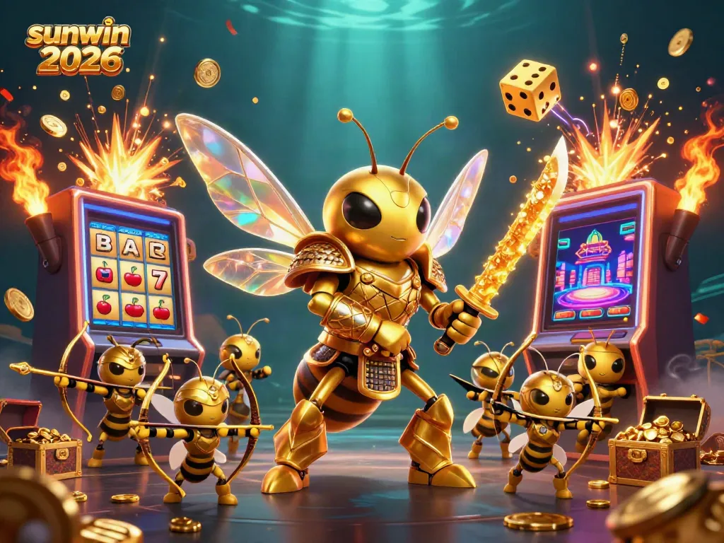 Experience the excitement of sunwin 2026 with a vibrant 3D illustration featuring a hornet in samurai armor amidst casino games and jackpots.