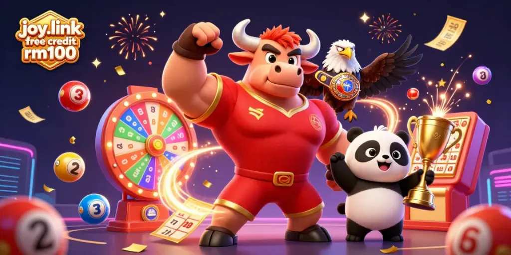Experience the excitement of joy.link free credit rm100 with festive lottery elements and animated characters celebrating wins.