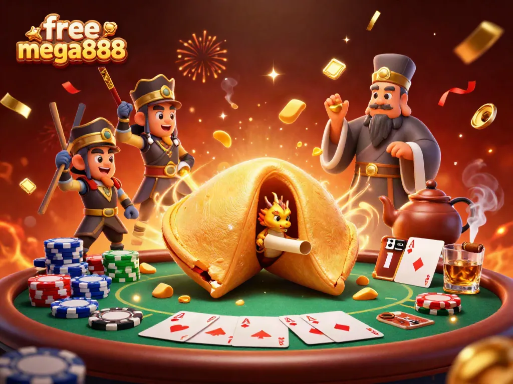 Plunge into excitement with free mega888, showcasing a golden fortune cookie and poker-themed elements.