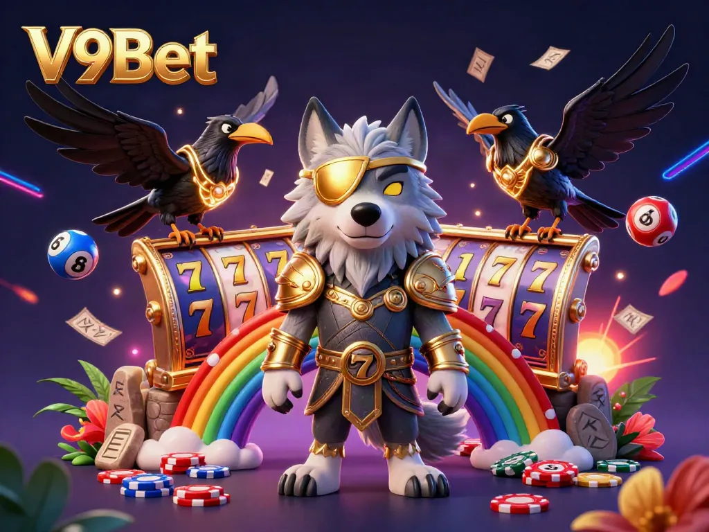 Experience thrilling gaming with V9Bet surrounded by vibrant casino elements.