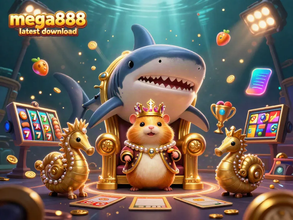 Playing vibrant slots featuring mega888 latest download with a hamster king and casino elements.