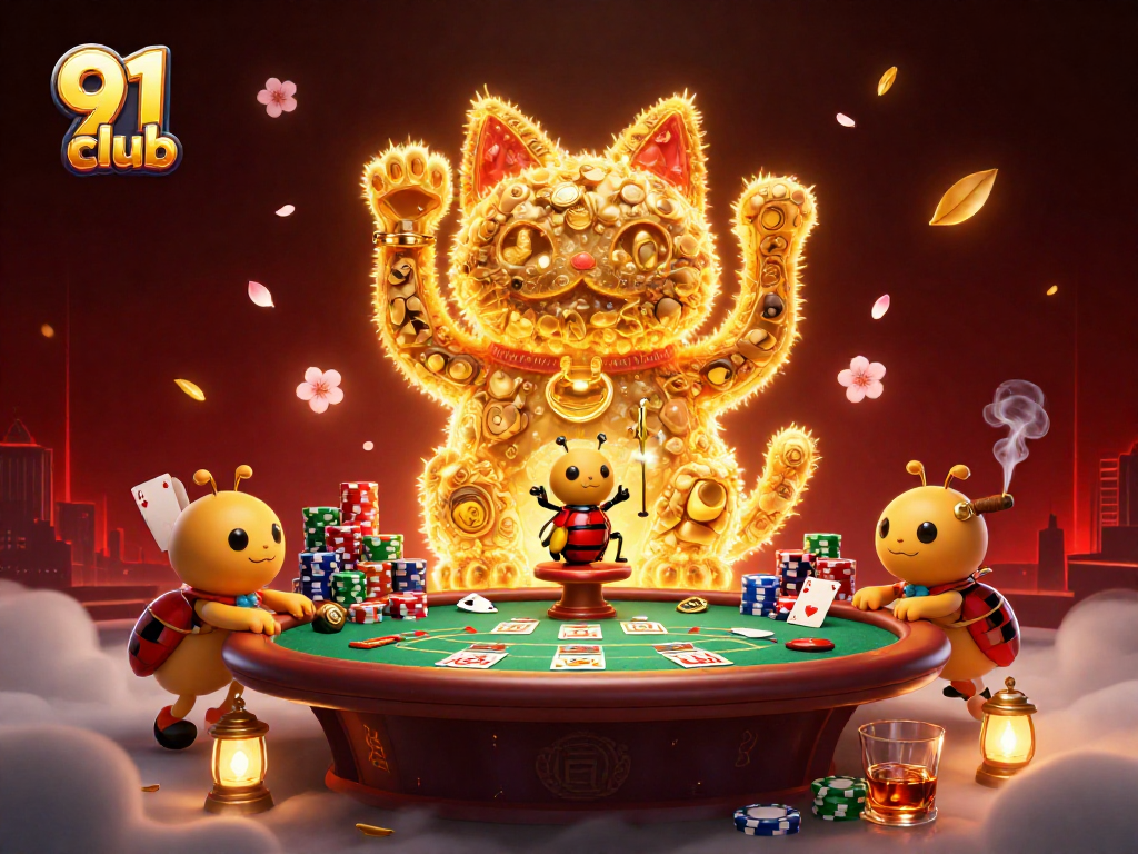 Engage with 91 club's vibrant gaming scene featuring golden fireflies and colorful casino symbols.